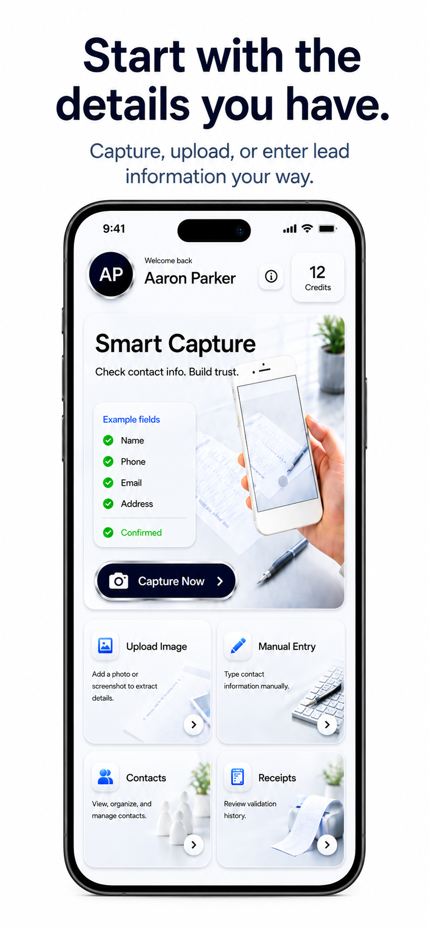 ZeroScanX Home with Capture, Upload Image, Manual Entry, Contacts and Receipts