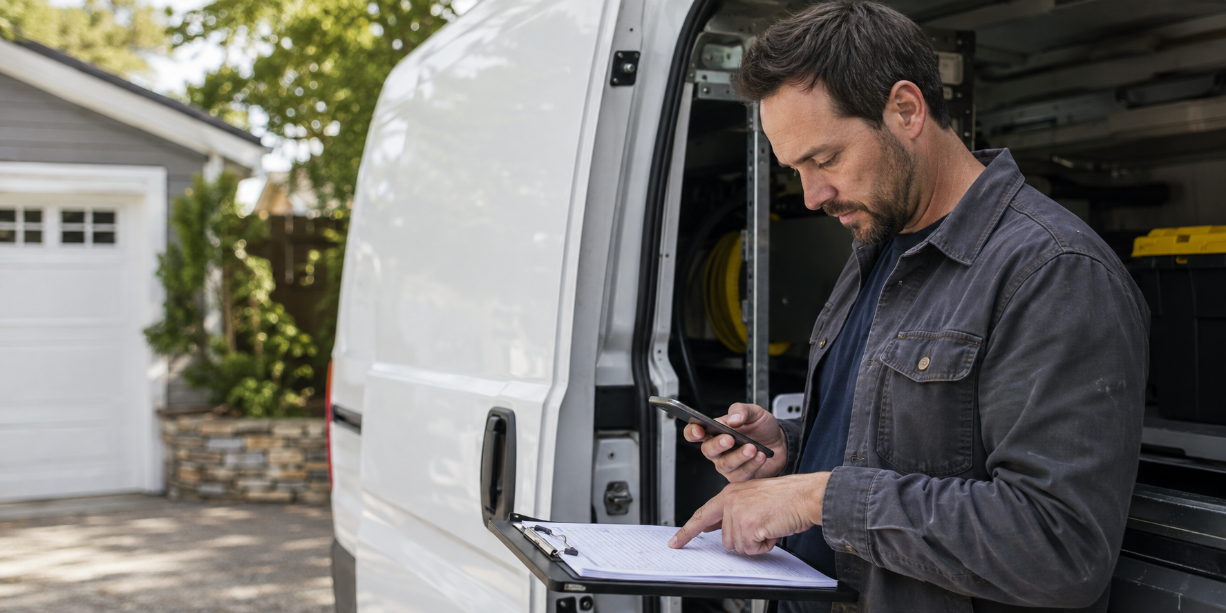 A home-services professional checking a lead sheet beside a service vehicle